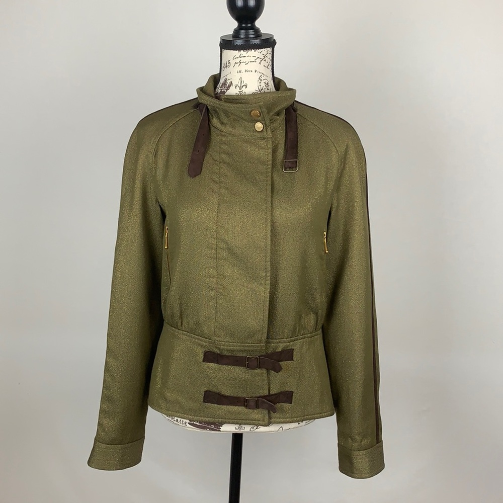 Erin Snow glittery olive leather trim moto jacket